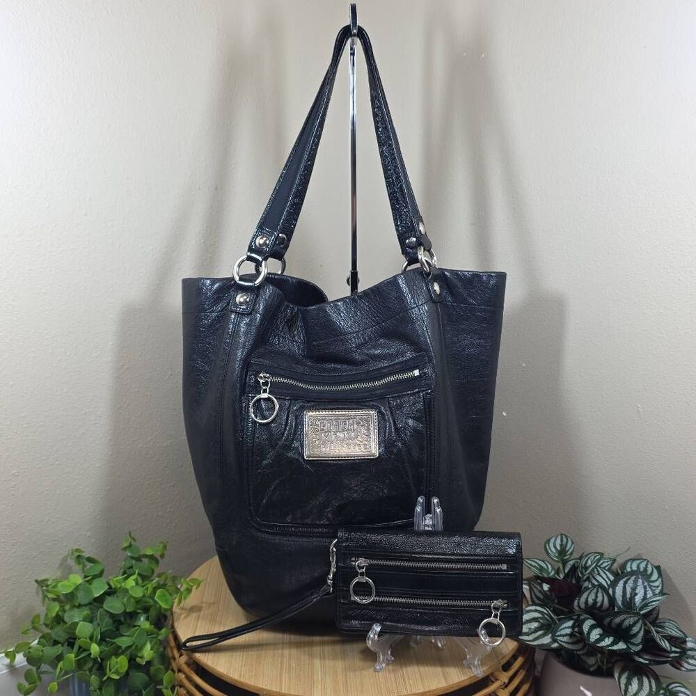 Coach Poppy Black Crinkle Leather Bella Tote & Matching Wristlet Wallet F14565